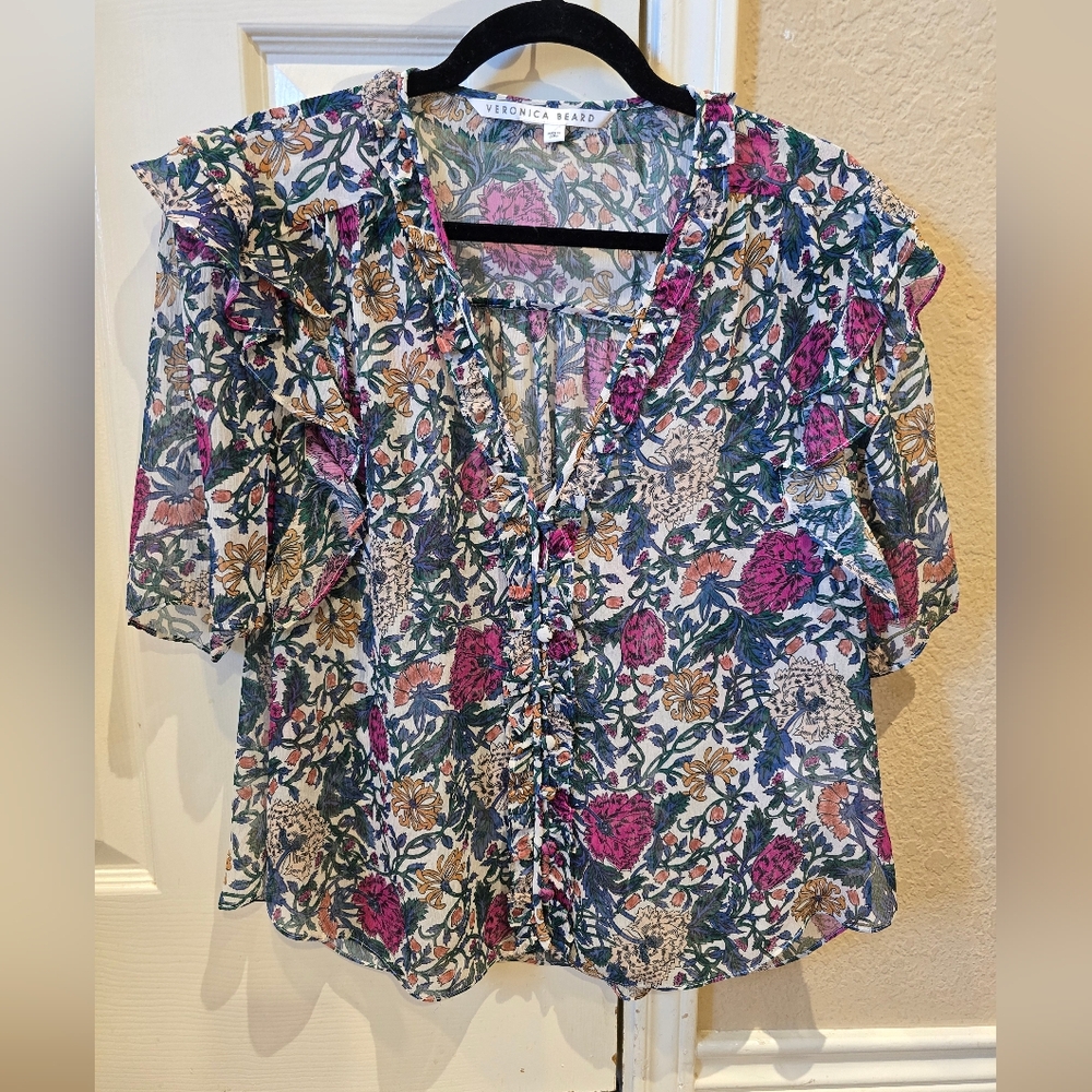 Veronica Beard Gwendoline Women's Top Silk Chiffon Floral Button-Up Blouse